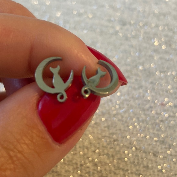 Stainless Steel Cat Moon Stud Earrings - Picture 3 of 4